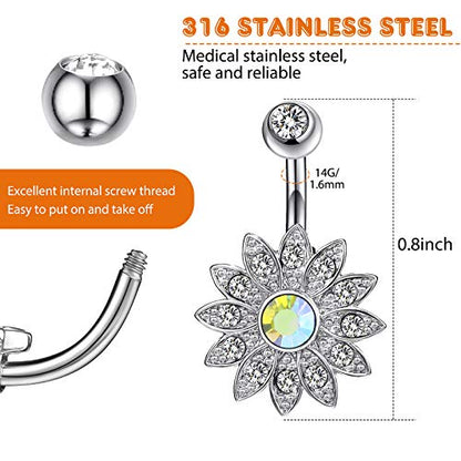 Yaomiao 18 Pcs 14G Stainless Steel Belly Button Ring Rhinestone Heart Dangle Belly Button Rings for Women - color: Silver, Elegant Style