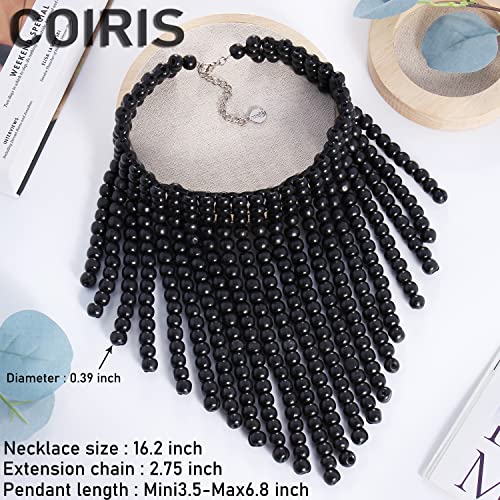 Coiris Boho African Wooden or Acrylic Beaded Bib Statement Necklace Strands Layered Cluster Chunky Collar Choker Wood Necklace for Women Fashion Costume Jewelry - color: N0065-Black