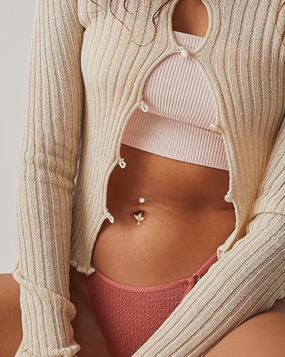 Lotus Belly Button Rings Dangle 14G Dangle Belly Navel Button Piercing Surgical Steel Navel Piercing Jewelry Dangling - color: YG-10MM