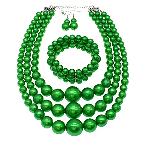 Big Chunky Pearl Necklace and Earrings Set Large Costume 1920s Faux Pearls Gatsby Accessories - color: A-Green