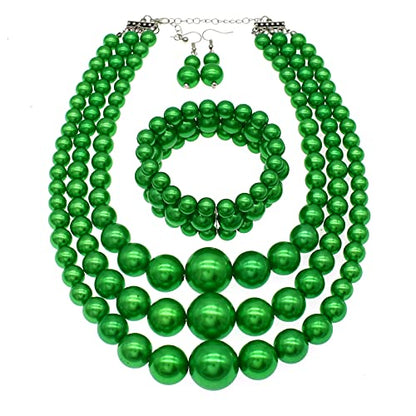 Big Chunky Pearl Necklace and Earrings Set Large Costume 1920s Faux Pearls Gatsby Accessories - color: A-Green