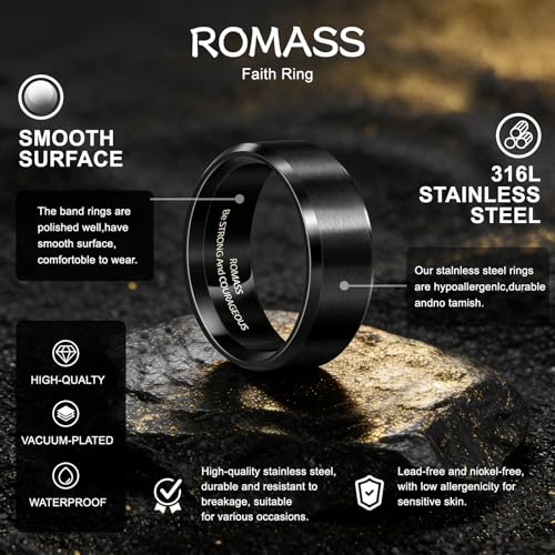 Romass 4Pcs Stainless Steel Rings for Men Women,Wedding Band Rings Bible Verse Silver/Black/Gold/Rose Gold 8MM Matte Surface,Beveled Polished Edge Mens Ring Gifts Jewelry Box 7-14 Inches
