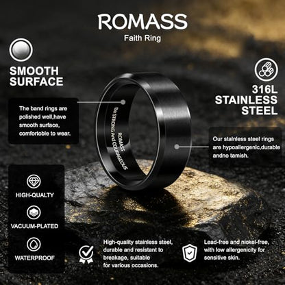 Romass 4Pcs Stainless Steel Rings for Men Women,Wedding Band Rings Bible Verse Silver/Black/Gold/Rose Gold 8MM Matte Surface,Beveled Polished Edge Mens Ring Gifts Jewelry Box 7-14 Inches
