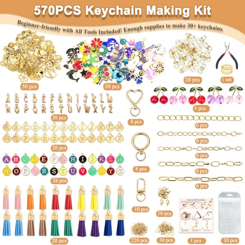 570 Pcs Keychain Making Kit, DIY Charm Making Supplies with Tassels | Enamel Charms Letter Beads, Pearl and Cherry Charm, Extender Chains, Storage Box Instruction Manual with Gift Bags, DIY Craft - size: 570pcs kit