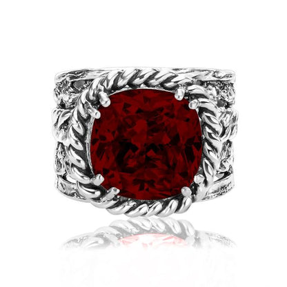 JEAN RACHEL JEWELRY 925 Sterling Silver Braid Leaf Cushion Ring | Ornate statement ring beautifully adorned with sculpted leaf motifs, twisted rope braids, and a CZ center stone. - color: Garnet CZ