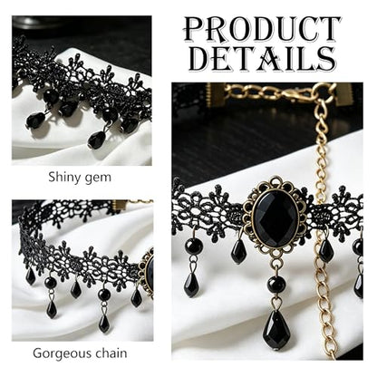 MOSTORY Gothic Accessories for Women, 3 Pcs Blakc Beaded Lace Choker Necklace Dangle Earrings Spike Heart Hoop Earrings Set for Goth Cosplay Witch Aesthetic Renaissance Renfaire Halloween