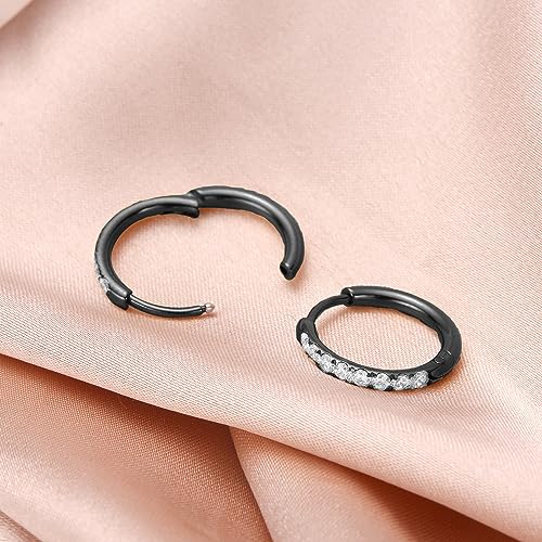 316L Surgical Steel Huggie Hoop Earrings | Dainty Pave Cubic Zirconia Cartilage Tiny Earring for Sensitive Ears Hypoallergenic Lightweight for Women Men - style: Black,20G*12mm
