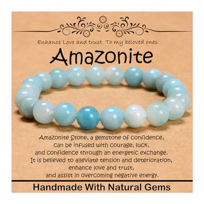 Natural Healing Gemstone Bracelet Handmade Yoga Stretch Elastic Bracelet Stress Relief Crystal Jewelry for Men and Women - color: Amazonite (Enhance Love and trust.), size: 8mm