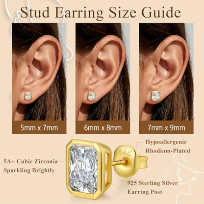 Brilliant Heart-cut/Oval-cut/Trillion-cut/Cushion-cut/Emerald-cut/Marquise-cut Stud, 925 Sterling Silver Cubic Zirconia Stud Earrings for Women Men - style: J-Emerald cut-Yellow