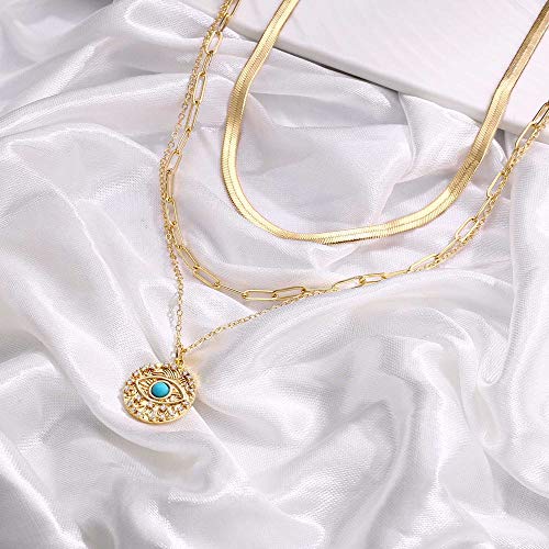 Turandoss Dainty Layered Choker Necklace, Handmade Y Pendant Necklace Multilayer Bar Disc Necklace Adjustable Layering Choker Necklaces for Women - style: 3PCS - Snake Chain&Link Chain&Evil Eye