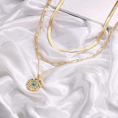 Turandoss Dainty Layered Choker Necklace, Handmade Y Pendant Necklace Multilayer Bar Disc Necklace Adjustable Layering Choker Necklaces for Women - style: 3PCS - Snake Chain&Link Chain&Evil Eye