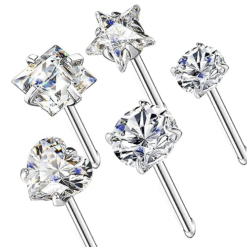 14k Gold Plated 316L Surgical Steel 22g/20g/18g Nose Rings Studs L-Shape Bone Screw Nostril Piercing 1.5mm 2mm 2.5mm 3mm 3.5mm 4.5mm CZ Nose Studs for Women - color: 20g 5pcs Bone Silver 316L Surgical Steel