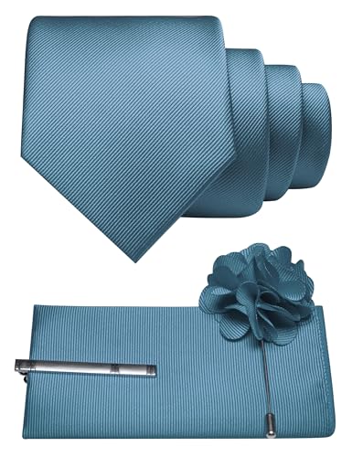 JEMYGINS Formal Necktie Solid Color Tie and Pocket Square with Tie Clip Lapel Pin Sets for Men 4PCS - color: Dusty Blue