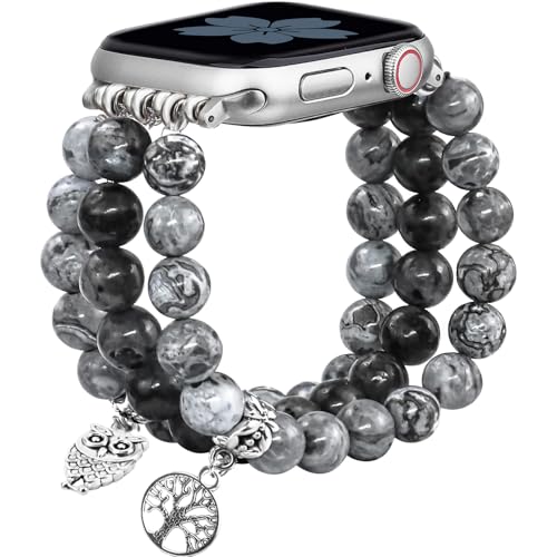Newlibery Natural Stone Bracelet Beaded-Band Women Compatible with Apple Watch 42mm(S3/2/1) 44/45/46/49mm Feminine Handmade Stretch Strap for iWatch Series 11/10/9/8/7/6/5/4/3/2/1 SE 3/2/1 Ultra1/2/3 - color: A8 Grey Map, size: 46(s10/11)/49/45/44/42mm(s1