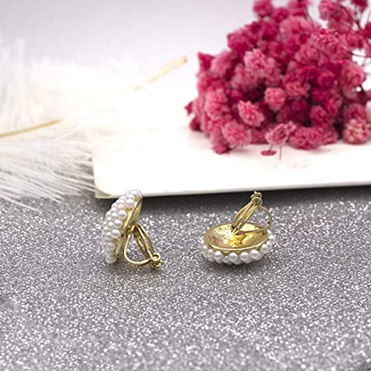 YOQUCOL Simulated Pearl Flower-Cluster Shape Clip On Stud Earrings Non Pierced Ear Earrings for Women - color: A