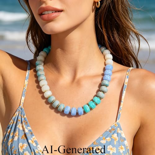 Beaded Necklaces for Women - Colorful Acrylic Beaded Chunky Necklace | Adjustable Statement Necklace, Puffy Heart Pendant, Boho Choker Necklace, Waterproof Summer Beach Jewelry, Gifts for Vacation - color: Gray-blue