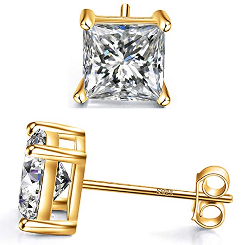 925 Sterling Silver Stud Earrings 4 Prong Princess Cut Square Cubic Zirconia Ear Stud for Women Men CZ 4mm-7mm - style: Yellow Gold--2.40cttw (5mm)
