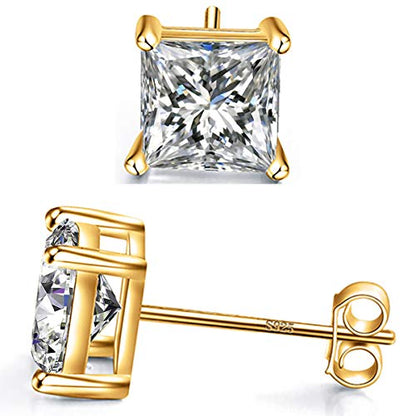 925 Sterling Silver Stud Earrings 4 Prong Princess Cut Square Cubic Zirconia Ear Stud for Women Men CZ 4mm-7mm - style: Yellow Gold--2.40cttw (5mm)