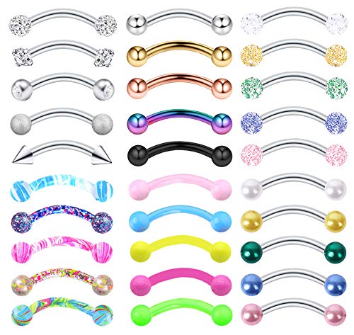 20-48Pcs 16G Eyebrow Piercing Rook Curved Barbell Kit Eyebrow Tragus Lip Rings for Women Men 8-10mm - color: C: 30pcs 8mm bar length