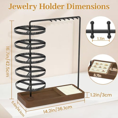 MODOWEY Rotating Earring Holder Organizer Jewelry Stand Adjustable Display | 285 Slots Dangle Tree 14 Hooks Tall Necklace Rack for Women, 5 Tiers Compact Large Capacity Metal Tower with Wooden Ring Tray - color: Black-Brown