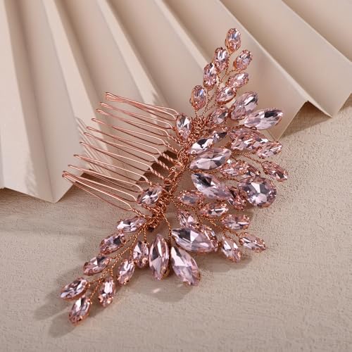 Teyglen Bridal Crystal Hair Comb Full Rhinestone Wedding Hair Comb Pink Teardrop Crystal Hair Piece for Bride Wedding Hair Accessories for Women Bridal Headpiece (Pink) - color: Pink