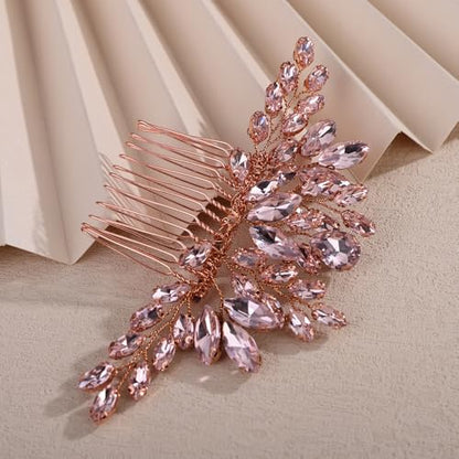 Teyglen Bridal Crystal Hair Comb Full Rhinestone Wedding Hair Comb Pink Teardrop Crystal Hair Piece for Bride Wedding Hair Accessories for Women Bridal Headpiece (Pink) - color: Pink