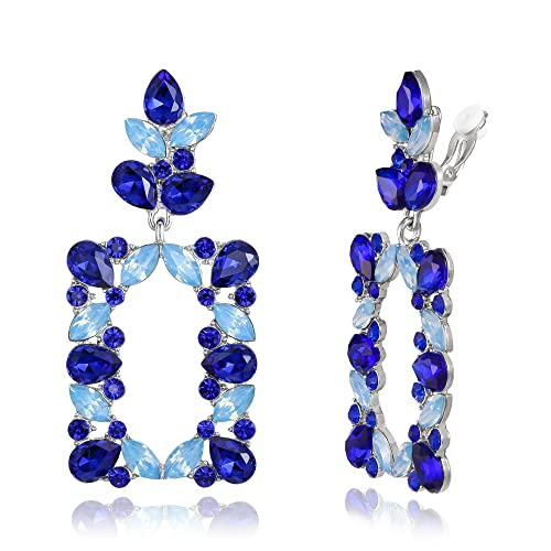 Clip-on Dangle Earring Earrings Art Deco Sparkly Rhinestone Marquise Teardrop Rectangle Geometric Statement for Women - color: Navy Blue Silver-Tone