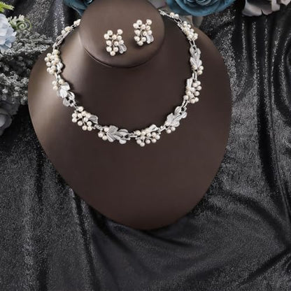 Fashion Bride Silver Gold Plated Black 1920s Leaf Faux Pearls Necklace Earrings Set Wedding Jewelry Set Sparkly Choker Necklace Stud Earrings Set for Women Christmas Gift Set for Women Necklace and Earrings - color: Silver