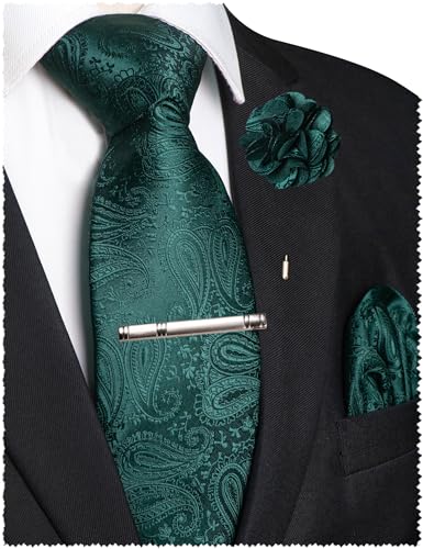 JEMYGINS Mens Paisley Tie and Lapel Pin Necktie Pocket Square and Tie Clip with Sets for Business Casual 4PCS - color: Emerald Green