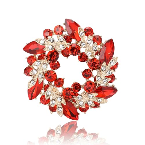 Rhinestone Flower Brooch for Women Sparkling Cubic Zirconia Wreath Brooch Pin Vintage Crystal Wheat Ear Flower Pin Elegant Clothing Hat Bag Accessories Christmas Wedding Bridal Birthday Jewelry - color: Red
