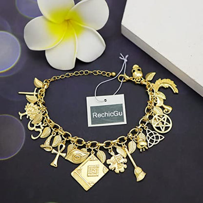 RechicGu Mythology Fairytale Lucky Charms Cuff Bangle Bracelet Cross Leaf Moon Face Celtic Cat - color: Polish Golden