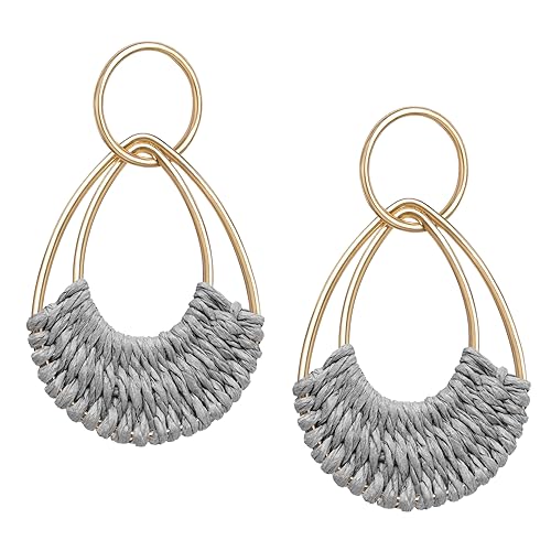 Raffia Hoop Earrings for Women Fun Boho Summer Beach Earrings Lightweight Handmade Straw Wicker Rattan Dangle Earrings Statement Geometric Round Drop Earrings - color: Grey - Teardrop