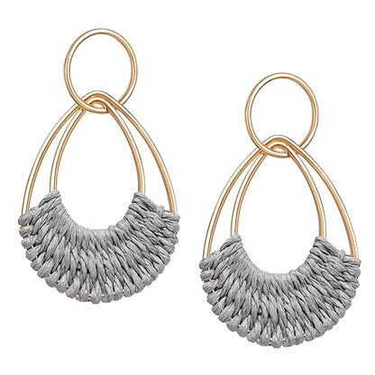 Raffia Hoop Earrings for Women Fun Boho Summer Beach Earrings Lightweight Handmade Straw Wicker Rattan Dangle Earrings Statement Geometric Round Drop Earrings - color: Grey - Teardrop