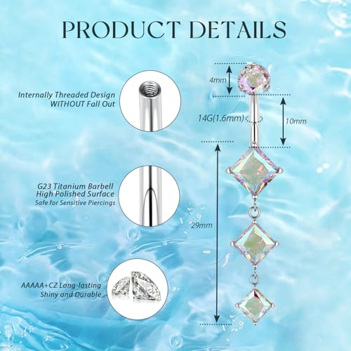 GAGABODY G23 Titanium Dangly Belly Button Ring Long Belly Rings Belly Piercing Jewelry 14G 3/8 inch 10mm Navel Barbell CZ Navel Piercing Ring - color: Style1:Silver+Dangle Square Shape Clear ABCZ