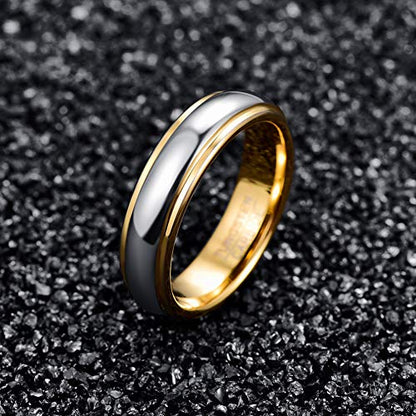 NUNCAD Men Women Tungsten Wedding Engagement Band | 4/6/8mm Two-tone Gold Silver, Domed Polished Step Edges, sizes 5-12 Wedding Band - color: 6mm-Gold & Silver