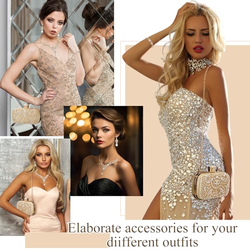 Quelay 4 Pcs Purse Rhinestone Jewelry Set Women | Wedding Bridal Prom Jewelry Sparkly Clutch Handbag with Necklace Bracelet Dangle Earrings Shiny Costume Kit - color: Champagne, style: Luxurious