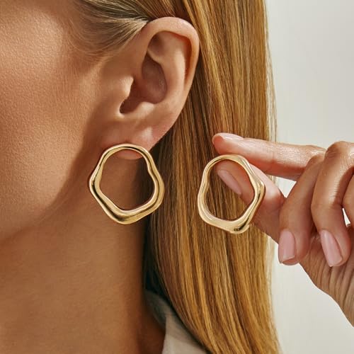 Cute Trendy 14K Gold Plated Round Irregular Geometric Stud Earrings for Women Simple Statement Silver Hollow Circle Drop Earring Jewelry Accessories