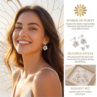 Hypoallergenic Pearl Earrings Set for Women | S925 Sterling Silver & Stainless Steel, Daisy Heart & Hook & Teardrop Dangle & Huggie Hoop, Simulated Pearl, Sensitive Ears - color: White Gold Heart Flower