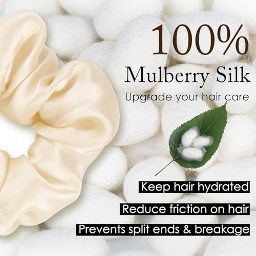 OLESILK 100% Mulberry Silk-Scrunchies for Hair Sleep, Women Grils Silk Hair Ties for Frizz & Breakage Curly Hair, No Damage, Elastics Ponytail Holder, 3 Pack - color: 3pcs, Black-Light Champagne-Grey