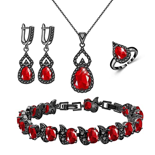 LMXXVJ Women Jewelry Set Platinum Plated Necklace Open Ring Earrings Bracelet Set,Birthday/Anniversary Mother’s Day Jewelry Gifts for Mom/Wife/Sister/Best Friend - color: Black Gun-Ruby Red