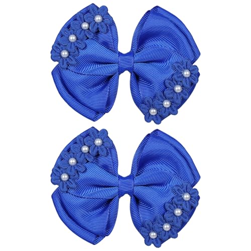 2pcs Royal Blue Hair Bows Clips 4in Pearl Floral Bow-knot Hair Ribbon Alligator Barrettes for Women Flower Girls Wedding Prom Birthday Party Dress Accessories Back School Gift - color: Royal Blue