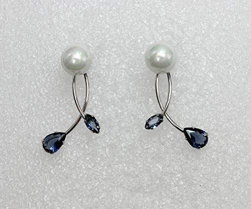 Faship Genuine 10mm Freshwater Pearls Floral Necklace Earrings Set | Premium CZ Crystal, Gorgeous, Sparkling - color: Navy Blue