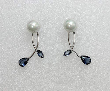 Faship Genuine 10mm Freshwater Pearls Floral Necklace Earrings Set | Premium CZ Crystal, Gorgeous, Sparkling - color: Navy Blue