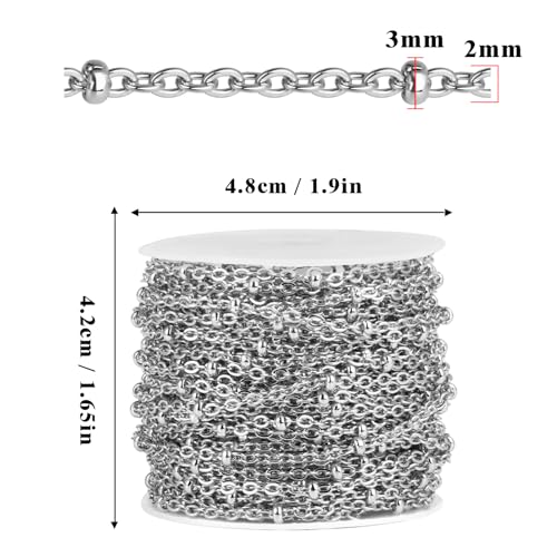 33FT 2mm Stainless Steel Satellite Cable Chain Roll Bulk for Jewelry Making | 304 Stainless Steel Flat Cable Link Ball Beaded Satellite Chains Spool for DIY Craft - color: Stainless Steel Small Beads Satellite Cable Chain