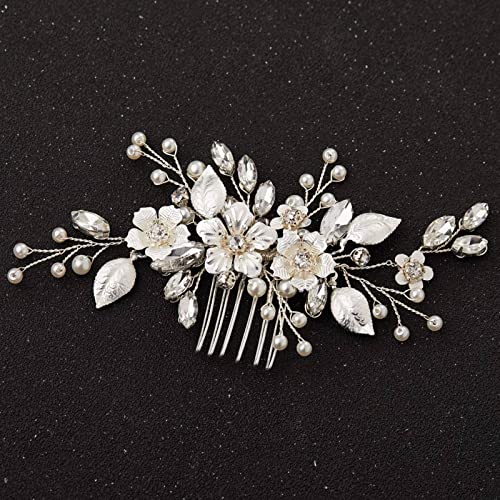 SWEETV Silver Bridal Hair Comb for Wedding Hair Accessories, Handmade with Crystals, Pearls, and Leaves, 4.72 x 2.75 inches, for Brides, Women | Handmade Crystals Pearls Leaves Bridal Hair Accessories, Wedding Hair Pieces for Brides Bridal Hair Pieces 4.7