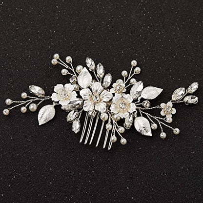 SWEETV Silver Bridal Hair Comb for Wedding Hair Accessories, Handmade with Crystals, Pearls, and Leaves, 4.72 x 2.75 inches, for Brides, Women | Handmade Crystals Pearls Leaves Bridal Hair Accessories, Wedding Hair Pieces for Brides Bridal Hair Pieces 4.7