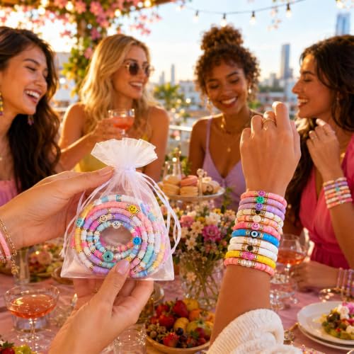 gisgfim 112 Pcs Beaded Friendship Bracelets Bulk Surfer Heishi Clay Stretch Y2K Bracelets Colorful Cute Boho Stackable BFF Bestie Inspirational Jewelry for Women Summer Beach Party Favors Style - style: Smile