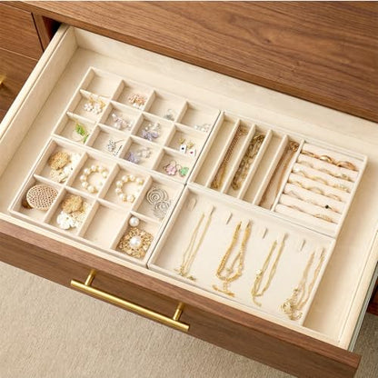 4Pcs Jewelry Organizer Trays, Stackable Velvet Jewelry Trays, Drawer Insert Divider Jewel Display Storage with Removable Dividers, Divided Storage for Earring Necklace Rings Bracelet