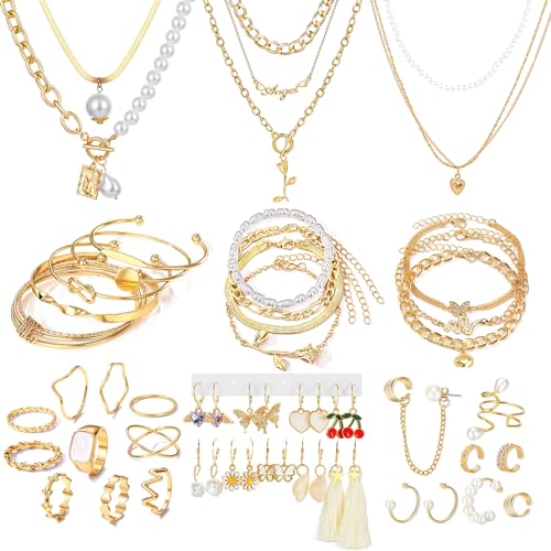 17IF 53 PCS(8 PACK) Silver Plated Jewelry Set for Women，4 Styles | with 6 Necklace 11 Ankle Bracelet 30 Kunckle Ring 6 Pair Earring Hoop Vintage Boho Pearl Birthday Travel Holiday - style: Classic