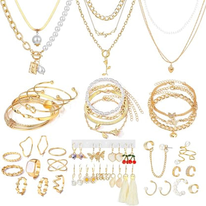 17IF 53 PCS(8 PACK) Silver Plated Jewelry Set for Women，4 Styles | with 6 Necklace 11 Ankle Bracelet 30 Kunckle Ring 6 Pair Earring Hoop Vintage Boho Pearl Birthday Travel Holiday - style: Classic